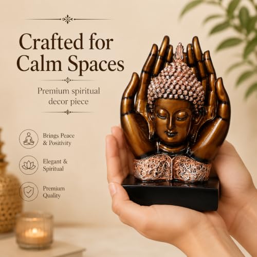 Image of HindCraft Buddha Showpiece for Home Decor - Meditating Buddha Idol in Protective Hands, Spiritual Decorative Statue for Living Room, Office Desk, Meditation Room, Gift Item