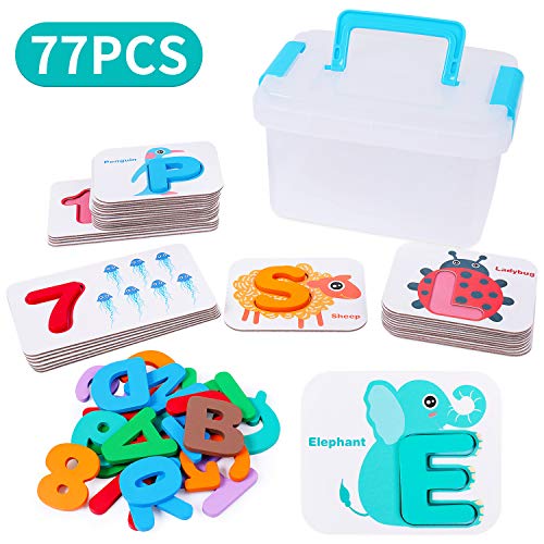 Rolimate alphabets et chiffres jeu de cartes flash - abc puzzle en bois animal carte assortie jeu de puzzle préscolaire éducatif montessori jouets cadeau pour garçons filles 3 4 5 ans jouets de voyage