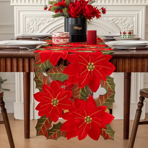 Christmas Poinsettia Table Runner 14 x 33 Inch, Cutwork Red Florals Embroidered Table Runners, Winter Holiday Flowers Tabletop for Xmas Party Decorations