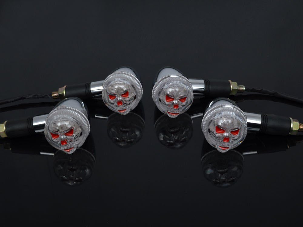 Yibid 4pcs Motorcycle LED Turn Signals Custom Skull Lights Indicator Chrome Amber Brake Stop Blinker for Harley Sportster Kawasaki Dyna Softail Chopper Bobber Racer Crusier Dirt Sports Street Bikes