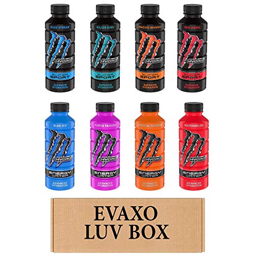 LUV BOX- Variety Energy Drinks Monster 20 oz. pack of 8 Bottles , Hydro Super Sport Blue Streak , Hydro Super Sport Killer Kiwi , Hydro Super Sport Macho Mango , Hydro Super Sport Red Dawg , Monster Hydro Blue Ice , Monster Hydro Purple Passion , Mon