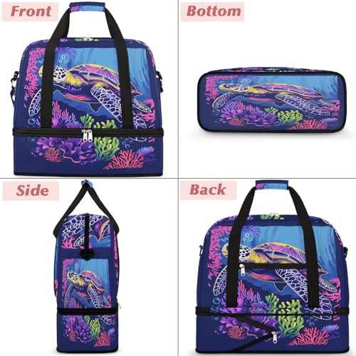 Travel Duffel Bag with Shoe Compartment, Colorful Corals Sea Turtle Shoulder Weekender Bags for Women, Foldable Waterproof Travel Bag Carry on Bag3
