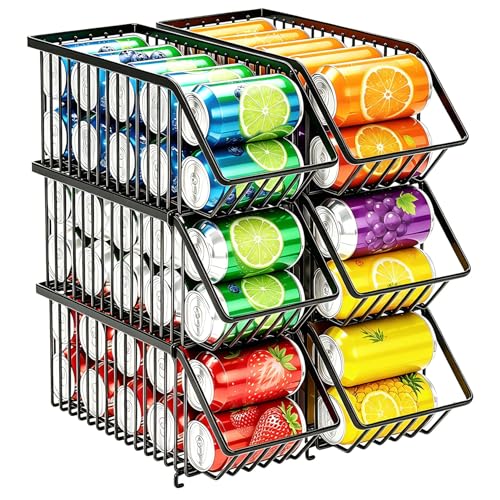 Stackable Soda Can Organizer Rack, Stacking Can Dispensers Refrigerator Organizer Bins Pop Soda Dispenser Canned For Fridge, Freezer, Kitchen, Cabinets (Black, 6)