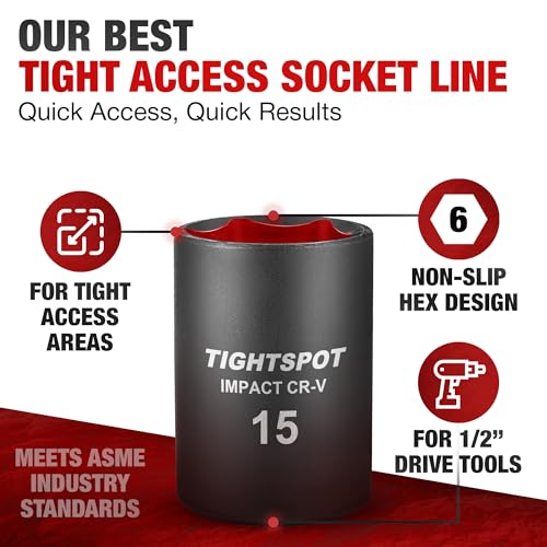 Image of TIGHTSPOT 1 /2 inch Dr 15mm Shallow Socket, Anti-Round 6-Pt, CRV Steel