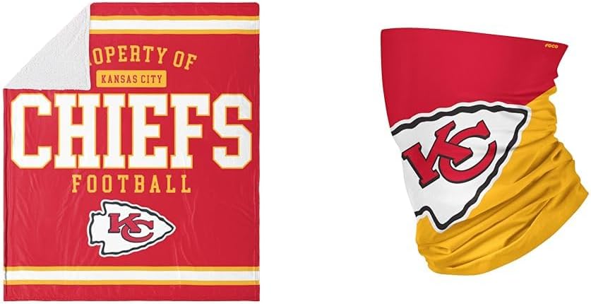 FOCO Kansas City Chiefs NFL Team Property of Sherpa Fleece Blanket & NFL Kansas City Chiefs Neck Gaiter, One Size, Big Logo