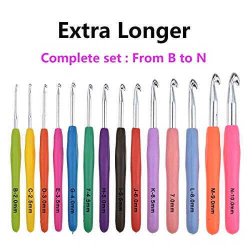 YCbingo Crochet Hooks Set,14 Pcs Ergonomic Soft Grip Handles Large-Eye Blunt Knitting Needles Kit with Case for Arthritic Hands,2mm(B)-10mm(N) Extra Long  Plus Knit Needles Weave Yarn Set (Style 1)