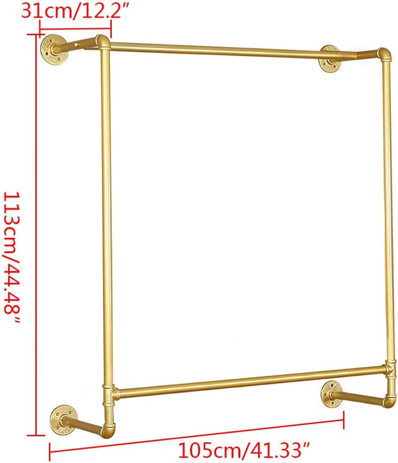 Gold Wall Mounted Clothes Rack, Industrial Pipe Garment Rack Hanging Rod Bar for Closet Storage,Laundry Room Up to Max Load 110lbs