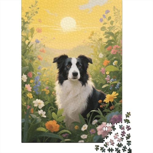 Puzzle Border Collie 1000 Pièces en Bois pour Adultes Enfants Jeu ÉduChatif Jeu De Défi Casse-tête Border Collie Fleurs Plantes Cadeau Adulte Home Decor 1000pcs (75x50cm)