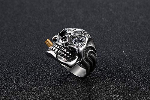 PAURO Mens Stainless Steel Domineering Cubic Zirconia Inlay Skull Skeleton Rings Gothic Biker Devil Jewelry White Size 10
