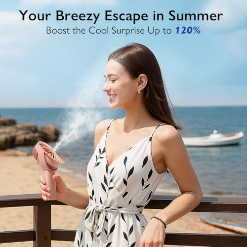 Image of HonHey Handheld Fan Misting Fan, 3 in 1 Hand Fan, Portable Mini Fan with Rechargeable Battery Operated and 3 Adjustable Speed[6-13-20 Working Hours], Foldable Personal Fan for Girls Women Travelling