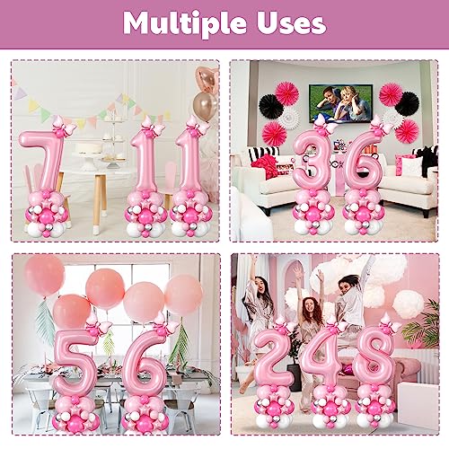 Image of 40 Inch Pink Number 7 Balloon Tower 7th Birthday Decorations for Girls | Large Pastel Baby Hot Pink White Number Seven Foil Balloons Stack Set 7 Years Old Princess Seventh Birthday Party Decorations