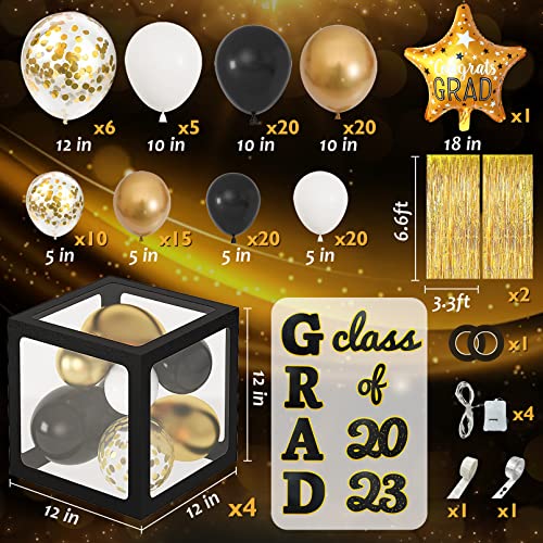 Roberly 138Pcs Graduation Party Decorations Class Of 2023 Black And Gold Balloon Arch Garland Kit With 4Pcs Balloon Boxes With Lights And Foil Fringe Curtains For School 2023 Graduation Party Supplies #TOP1