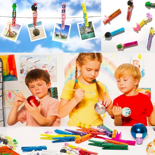 LIENATSER 60 Set Cheer Pins Spirit Clips Include 60 Wooden Colored Clothes Pins 94 Mini Resin Animals and Self Adhesive Stickers Pen for Cheerleading Backpacks Cheer Gifts Bulk (Colorful)