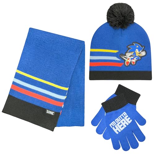 Image of Sonic The Hedgehog Winter Hat and Gloves Set - Blue Sonic Hat for Boys Ages 5-13 - Winter Hat with Scarf and Glove Set