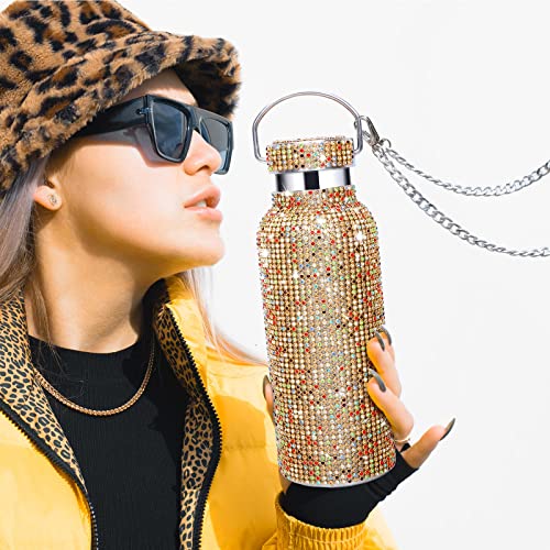 Bling Diamond Water Bottle, Glitter Rhinestone Cup, Stainless Steel Thermal Bottle, Refillable Water Bottle, Insulated Water Bottle With Chain For Women, For Christmas Halloween (17Oz/500Ml, Gold) #TOP3