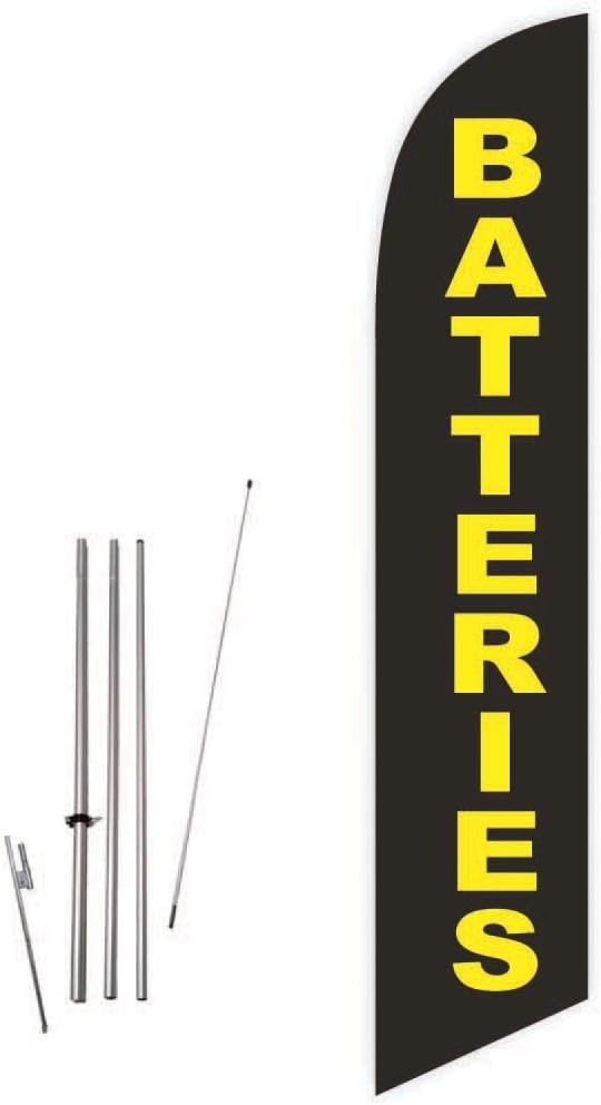 Batteries (Black) Feather Flag with Complete 15ft Pole kit and Ground Spike