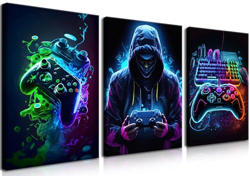 BGFCE Cool Gaming Canvas Wall Art Set of 3, Retro Video Game Watercolor Poster Pictures, Neon Gamepad Gamepad Painting Prints Game Room Bedroom Wall Decor 16x24 in Framed