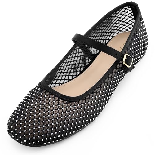 Image of Perphy Rhinestone Mesh Ballet Flats Buckle Strap slip on Ballerina Shoes Mary Jane Flat for Women Black 4.5 UK/Label Size 6.5 US