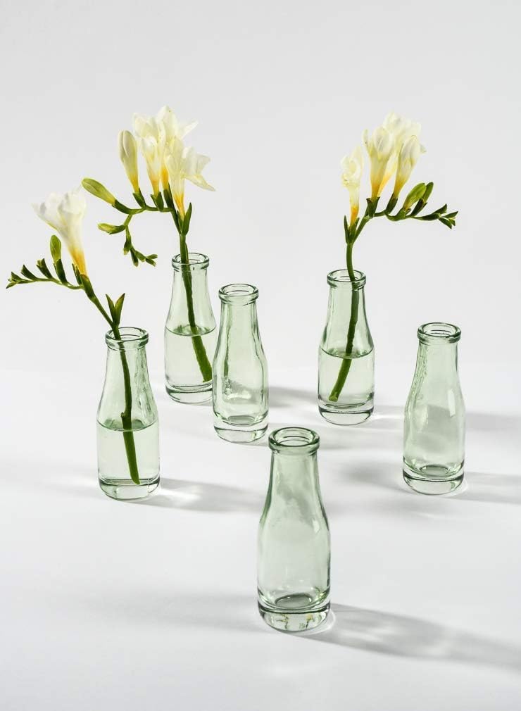 Serene Spaces Living Mini Green Glass Bud Vase, Centerpiece for Wedding Reception, Mini Flower Vases for Home Decor, Vintage Bottle Style Vase, Pack of 48