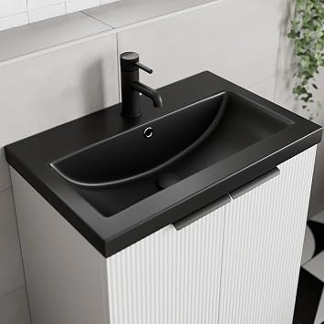 Affine  610 x 395mm Recessed Bathroom Basin Ceramic Drop in Sink One Single 1 Tap Hole & Overflow, Square Edge, Matt Black