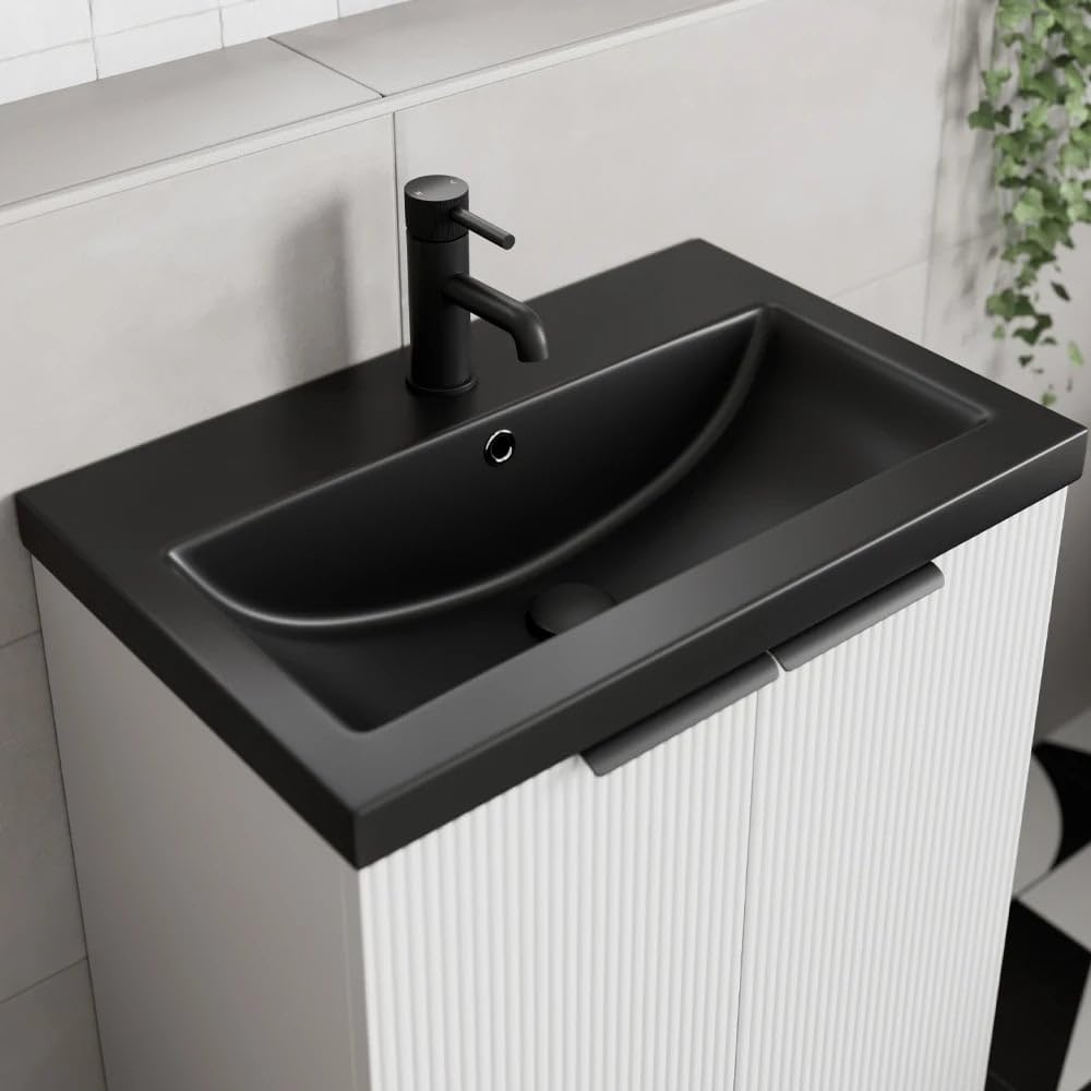 Affine® 610 x 395mm Recessed Bathroom Basin Ceramic Drop in Sink One Single 1 Tap Hole & Overflow, Square Edge, Matt Black