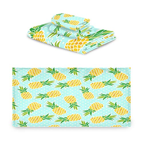 Alaza 3-Piece Towel Set, Pineapple W Polka Dot Blue Bath Towel Sets, 1 Bath Towel, 1 Hand Towel, 1 Washcloth, Absorbent Soft Towels Quick Drying For Bathroom #TOP1