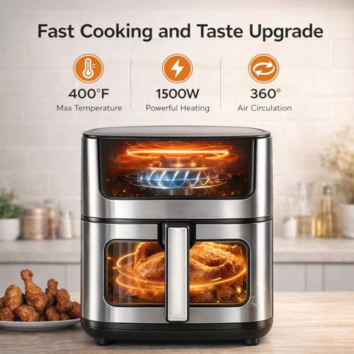 Image of Simple Deluxe 8-in-1 Air Fryer 6.34 Qt, Digital Preset Airfryer with Visible Window, Nonstick and Dishwasher-Safe Basket, Air Fry, Chicken, Pizza, Dehydrate, Fries, 90-Min Timer, 1700W, Black