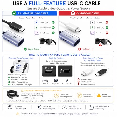 Image of Guermok HDMI to USB C Video Display Adapter, 4.9ft AR Glasses Hub, 4K@60Hz HDMI Male to USBC Female for XREAL One /Air 2Pro /RayNeo /Rokid, Switch 2 /1, Xbox1, PS4 /5, Portable Monitors, Silver