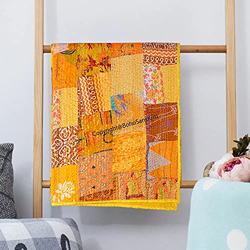 Boho Sanskriti Indian Silk Patchwork Kantha Quilts Queen Twin Size Patola Bedspread Throws Bedding Comforter Hand Quilted Blankets Premium Bohemian Bed Cover For Sale- Mix Yellow Color Shades Patches #TOP1