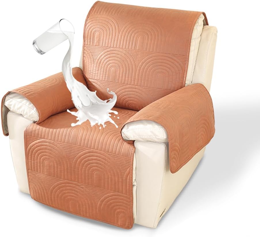vctops Waterproof Faux Suede Recliner Cover Luxury Nonslip Dog Chair Cover Geometric Recliner Slipcovers Furniture Protector with Elastic Straps for Pets and Kids(Orange Brown, 23.6")