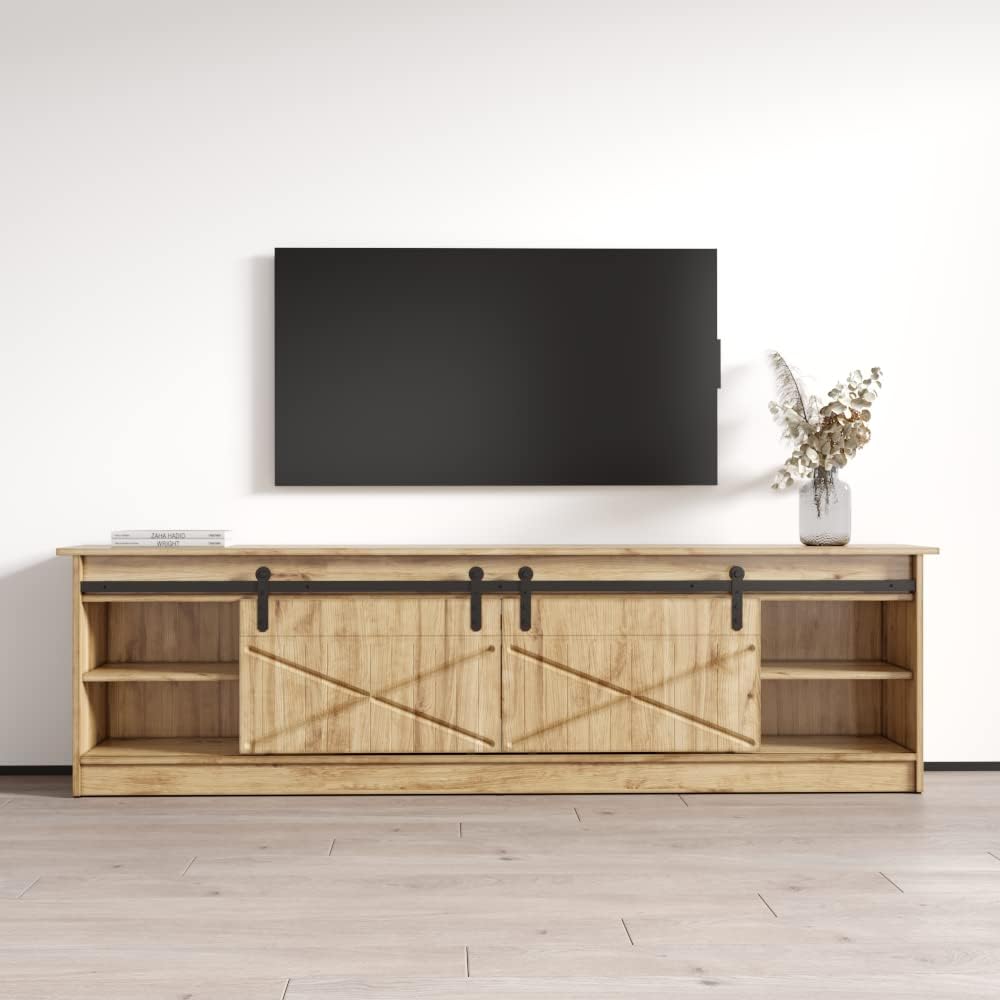 Meble Furniture Granero WH-EF Electric Fireplace TV Stand — Modern High Gloss Front with Storage Cabinets — Fits TVs up to 90" — Oak, 79" W x 18" D x 26" H
