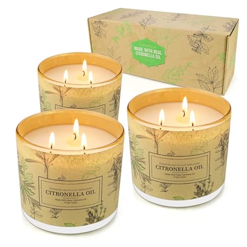Citronella Candles Outdoor Indoor Large, 3Pack 14.6Oz Soy Wax Long Lasting 3 Wick Jar Scented Aromatherapy Citronella Candles Sets For Home Garden Patio Balcony #TOP7