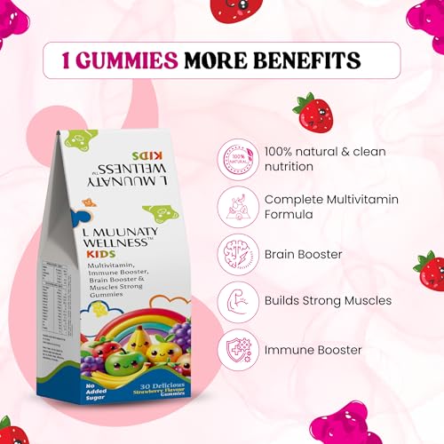 Image of Kids Multivitamin Gummies - Immune, Brain & Muscle Support with Veg Omega-3, Vitamin A, C, D2, E, Zinc Folic Acid & Iron - Strawberry Flavor, No Added Sugar, Gluten-Free, Soy-Free - 30 Count Gummmies For Kids (2+Years)