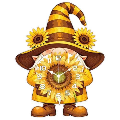 CHGCRAFT Sunflower Dwarf Pattern Wall Clock 16.1 Inch Wood Grain Non-Ticking Irregular Shape Clocks Wall Hanging Clock Battery Operated for Bedroom Living Room Kitchen Office