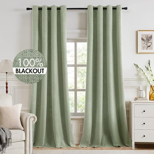 Image of MIULEE Linen Texture Curtains for Bedroom Solid 100% Blackout Thermal Insulated Sage Green Curtains Grommet Room Darkening Drapes for Living Room 52x120 Inch (2 Panels)