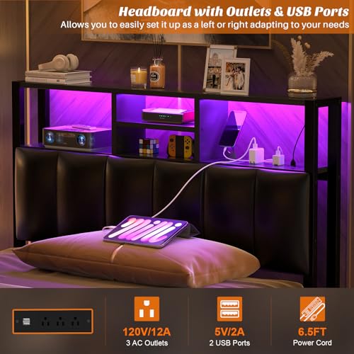 Image of Aheaplus Headboard for Twin Size Bed with Storage, Upholstered Headboards | with Outlets, USB Ports and LED Light, Reversible Twin Size Head Board, Height Adjustable, Comfortable Headboard, Black