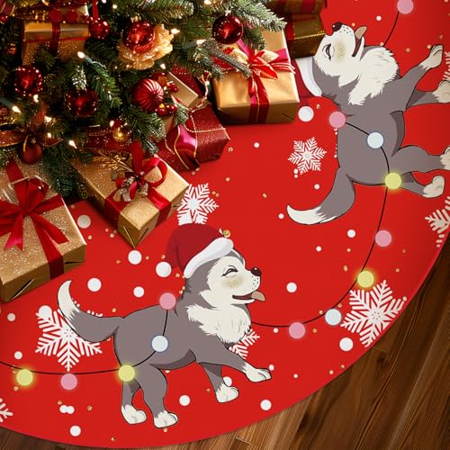 Christmas Tree Skirt Red Tree Skirts Husky Xmas Tree Skirt Tree Mat 48 Inch Dog Winter Christmas Decorations for Home