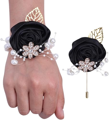 Juego de 2, ramillete de muñeca y boutonniere para novia, novio, pulsera de perlas para boda, mujer, flor de mano, hombres, boutonniere para