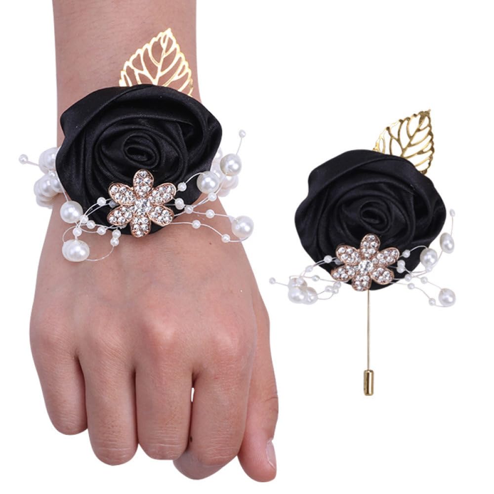 LIBERGA Set of 2, Wrist Corsage And Boutonniere Set for Bride Groom, Pearl Wrist Flower for Wedding, Woman Hand Flower Men Boutonniere for Prom Party Decorations, Black