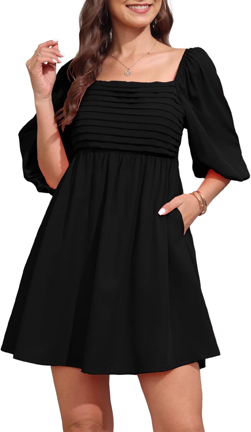 Ebifin Womens Square Neck Dresses Half Puff Sleeve High Waist A-Line Casual Backless Smocked Short Babydoll Mini Dress - Image 4