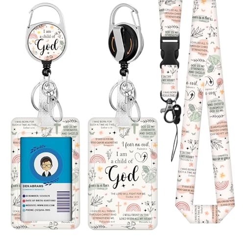 Christian Lanyards for ID Badge, I am a Child of God ID Badge Holder with Retractable Reel Clip and Keychain, Religious Heavy Duty Identity Badge Cover Case Protector for Student Teacher for Christmas