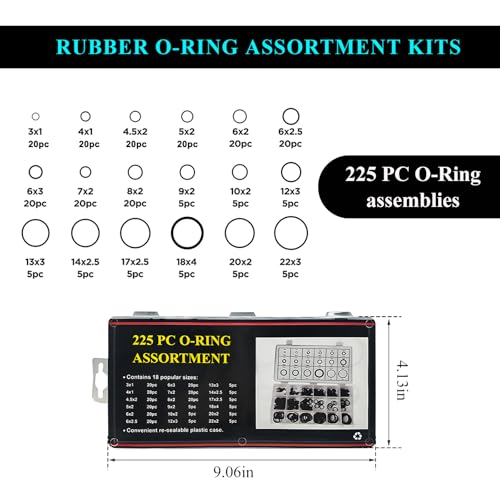 SHMZK 225PCS Rubber O-Ring Assortment Kit, 18 Sizes Heat-Resistant Rubber O Ring Sealing Washer Gasket Set, Universal Sealing Gasket for Automotive Repair Plumbing Gas Connection