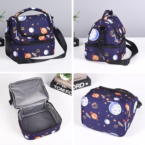 ZAHRVIA Lunch Bag Kids, Insulated Boys Lunch Box Bag, Portable Thermal Meal Prep Tote for School Daycare Picnic, Water-Resistant Lining (Space Rocket, Blue)