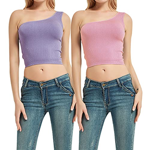 PUREMSX Tank Tops for Women, Summer Crop Tops One Shoulder Tank Top Women's Sleeveless Crop Tops Causal Home Thin Soft Crop Tank Top 2 Pieces X-Large Purple,Pink