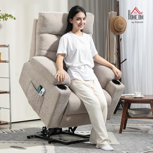 HOMCOM Relaxsessel Elektrisch Fernsehsessel mit Aufstehhilfe, Vibrationsmassage, Liegefunktion, Massagesessel mit Fußteil, 2 Motorn, Lendenwärme, Timer, Seitentasche, Becherhalter Hellbraun – Bild 3