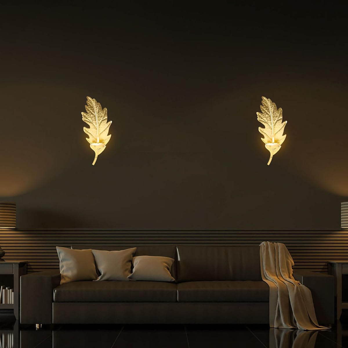 2pcs Metal Leaf Wall Mounted Candle Holder Sconces Golden Decor