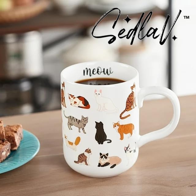 SEDLAV Stoneware Cat Mug, White, 16.06-Oz,Morning Routine With The White Cat Mug,Painted Mug,Coffee Cup,Tea mug