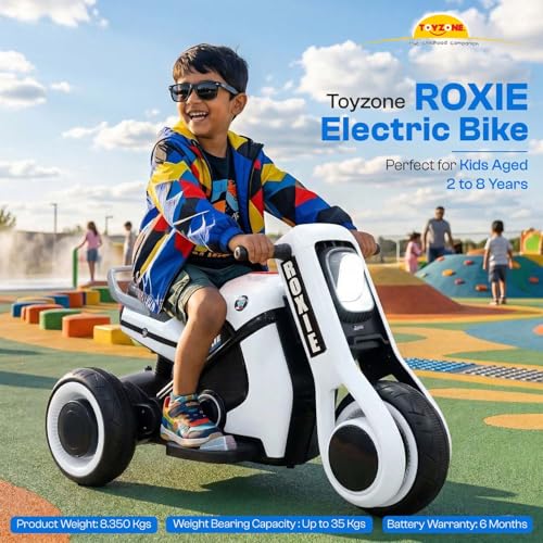 Image of Toyzone Roxie Kids Electric Bike (White)| Rechargeable Bike with 6V 4.5Ah Battery| MP3 /USB /BT Music & LED Lights| Smooth Acceleration | 6 Months Battery warranty, For Kids Age 2 to 8 Years, Upto 35 kg