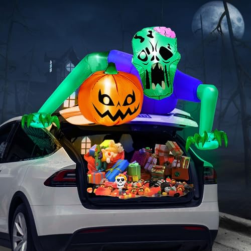 7ft Trunk or Treat Car Decorations Kit Halloween Decorations Outdoor Inflatable Green Zombie Trunk or Treat Decorations for SUV Halloween Blow Ups with Built-in LEDs for Yard Decorations