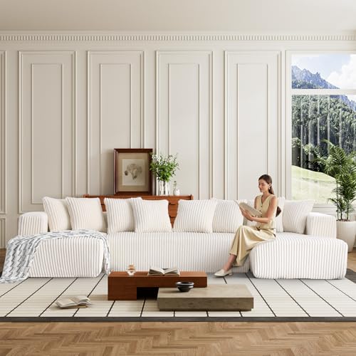 Image of 130 inch Modular Sectional Couch, Comfy Corduroy Couch Sectional Sofa with Double Chaise Lounge, Free Combination U Shaped Sectionl Sofa with Memory Foam, Luxury Couches for Living Room, Beige